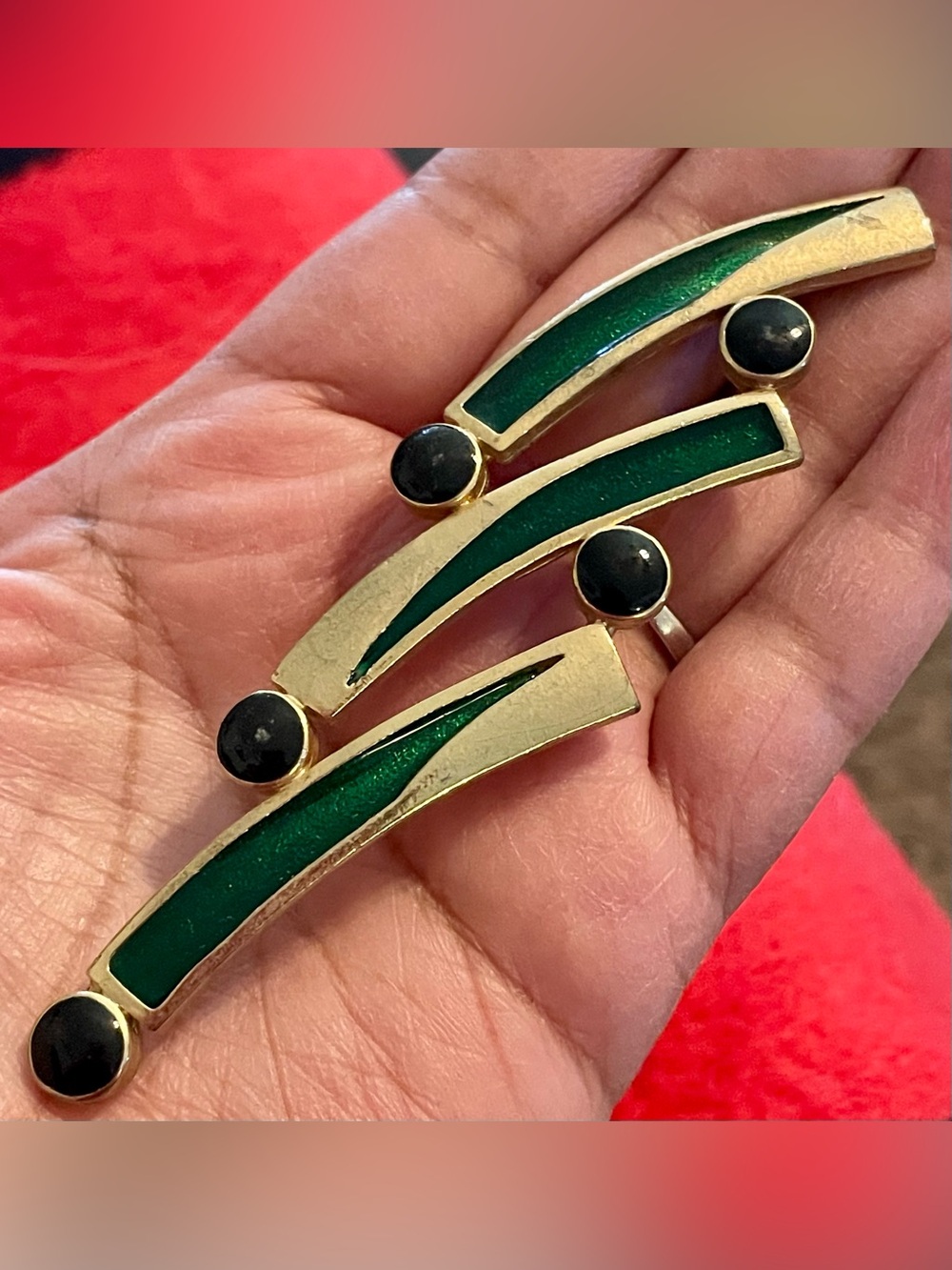 Gold-Tone Green Enamel & Black Stone Modern Brooch Set
